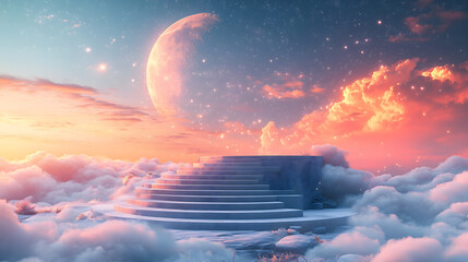 Ascending to the Cosmos: A surreal, breathtaking scene of a stairway leading to the heavens, enveloped in a sea of clouds beneath the ethereal glow of a crescent moon and stars.