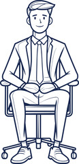 Confident man sits upright in a chair wearing a smart suit cartoon isolated on transparent background. Vector illustration.