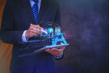 Businessman command order via smartpad with AI visual effect text. AI technology concept. Selected...