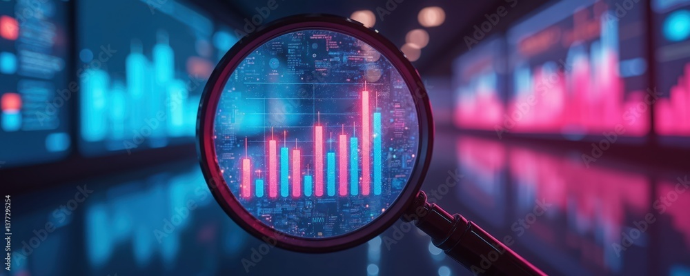 Poster magnifying glass focuses vibrant data visualizations charts graphs. data analysis seo digital analyt