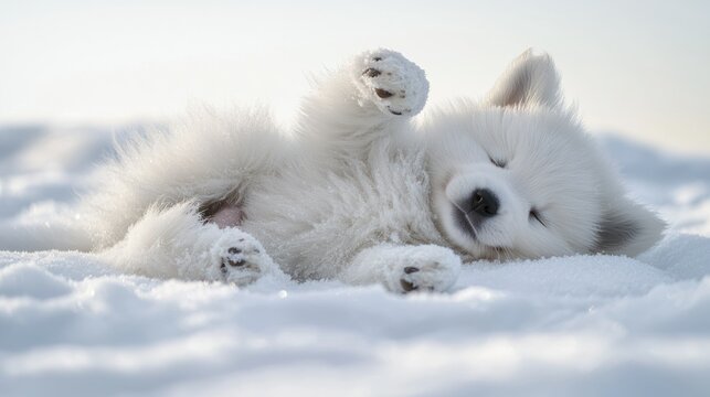 Fluffy White Puppy Sleeps in Snow - Powered by Adobe