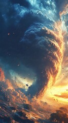 Fototapeta premium Dramatic depiction of a massive tornado with swirling clouds and fiery elements