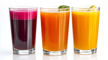 Three glasses of colorful fruit juices on a white surface studio