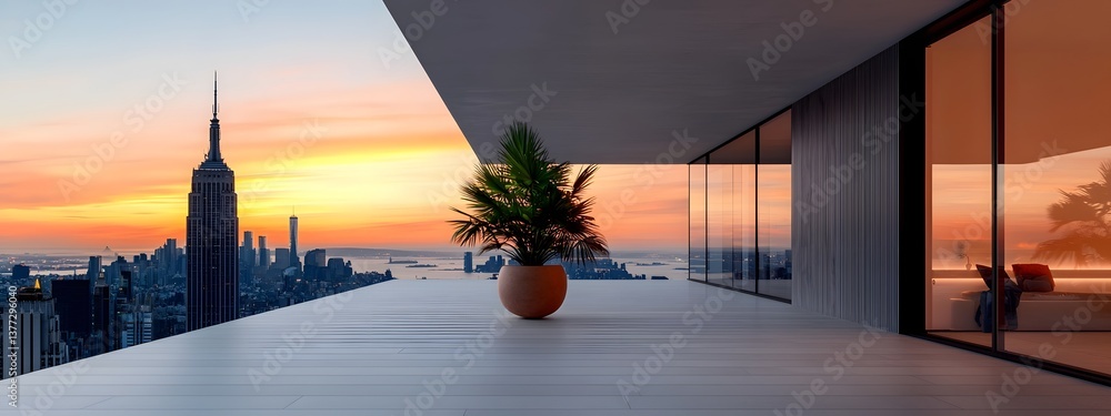 Poster an impressive architectural rendering showcasing a sleek modernist skyscraper with a boldly geometri