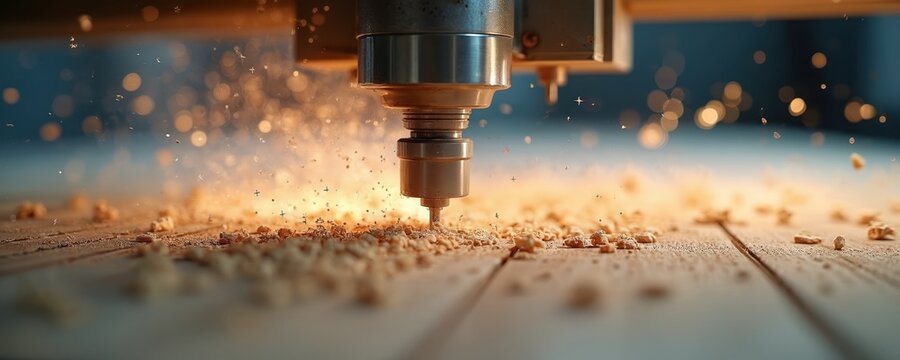 CNC machine actively carves wood surface, flying wood shavings. Intense woodworking process with precision, dynamism. Carpentry, manufacturing, modern tech.