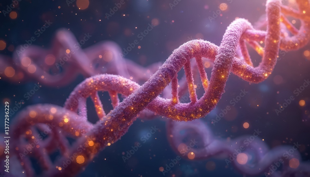 Poster cosmic dna helix against starry universe background. glittering bokeh light effects, molecular biolo