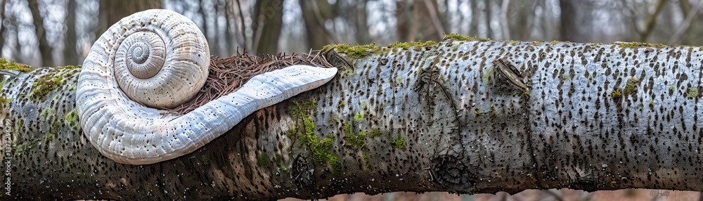 Poster a snail shell rests on a moss-covered log in a tranquil forest setting, highlighting the beauty of n