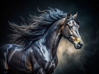 Majestic Black Stallion Long Exposure, Dark Horse, Night Photography, Equine Portrait, Animal Photography