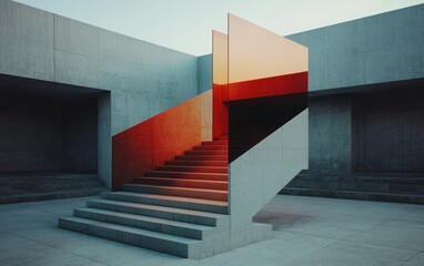Obraz premium Abstract architecture with concrete stairs and a reflective orange glass panel. Warm sunset light creates a dramatic contrast against the cool concrete