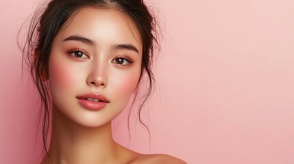 Fototapeta premium Confident Asian Woman with Glowing Luminous Skin Smiling Brightly
