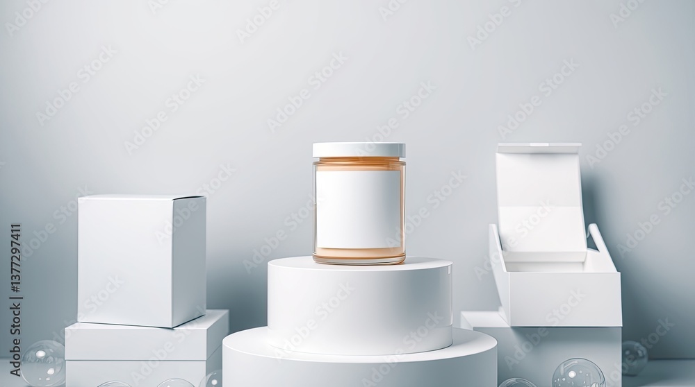 Aufkleber a jar and boxes showcase product in a minimalist setting