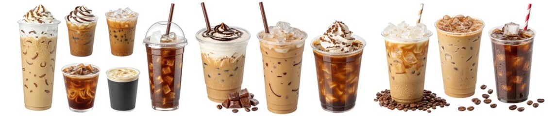 Variety of iced coffee drinks with whipped cream, chocolate, and ice cubes in plastic and glass cups, ideal for cafe menus, beverage branding, and food ads cut out isolated Transparent PNG Elements