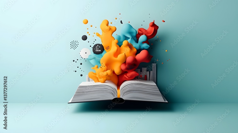 Poster an open book emitting vibrant abstract data visualizations that intertwine with a modern technology 