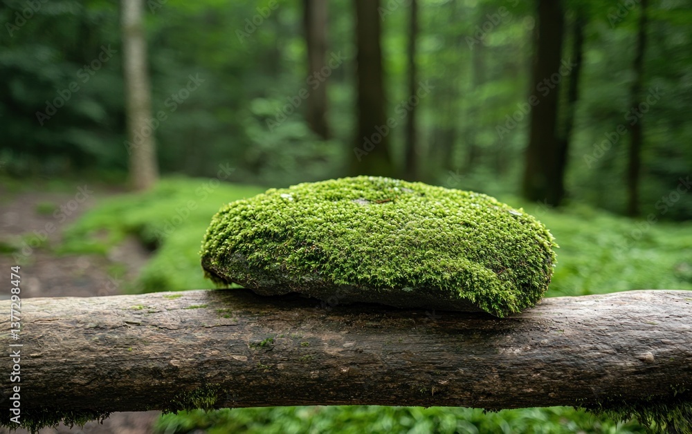 Poster close-up view of a lush green moss clump resting on a fallen log in a forest. the background is blur