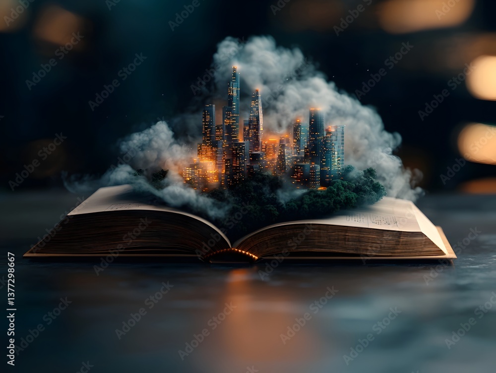 Poster an open book reveals a dynamic data infused cityscape blending technology architecture and imaginati