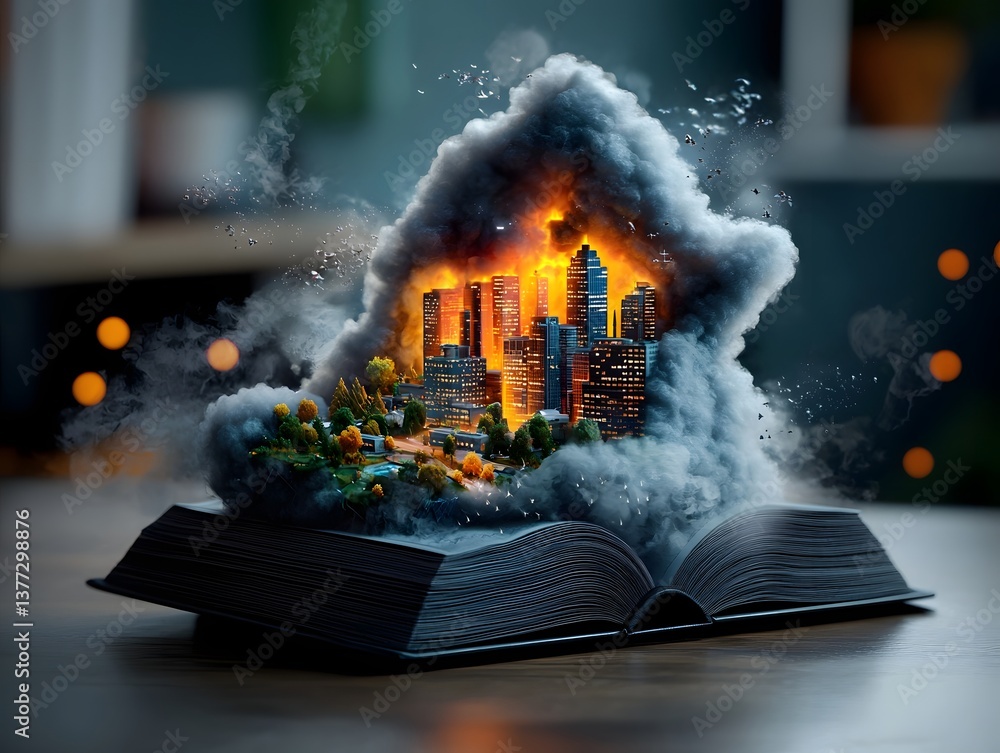 Poster an open book reveals a fantastical retrofuturistic city skyline with data driven visualizations symb