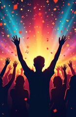 Silhouette excited audience at concert, party. People with hands up, colorful music notes background. Event with confetti, stage lights. Festive, entertainment concept. Nightclub, fun, joy, music,