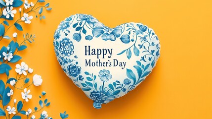 Happy Mother's Day heart-shaped blue and white balloon on yellow background with floral decor, flat lay, soft lighting, pastel tones, joyful motherhood celebration, lifestyle concept.