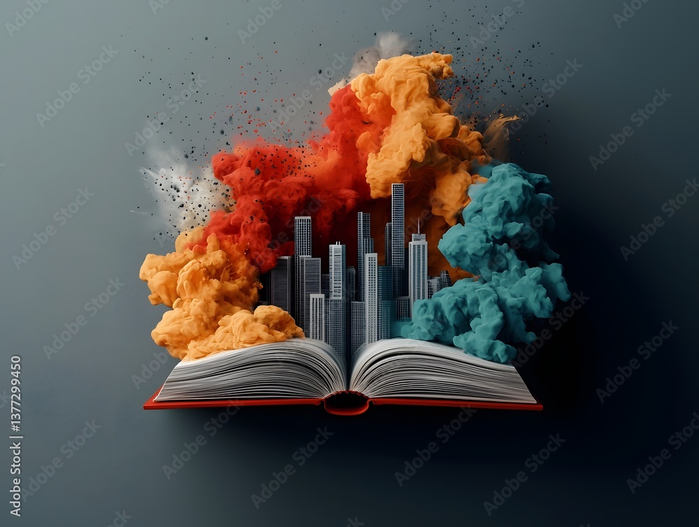 Poster an open book serves as the centerpiece of a visually striking digital surrealist painting with vibra
