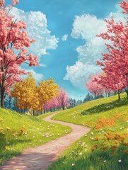 A winding path through a colorful spring landscape with blooming trees and a clear blue sky