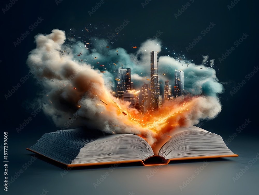 Poster an open book spilling forth a luminous data stream that intertwines with futuristic skyscrapers and 