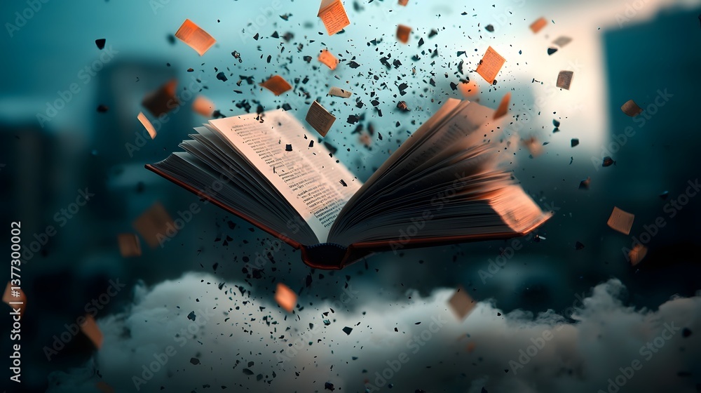 Poster an open book the source of dynamic data driven imagery merges with and influences a futuristic techn