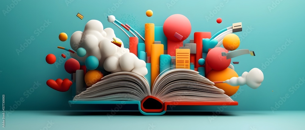 Poster an open book the centerpiece of this digital artwork emits a captivating array of multicolored data 