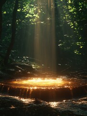 Sunbeams illuminate a tranquil forest pool. Water gently flows over rocks