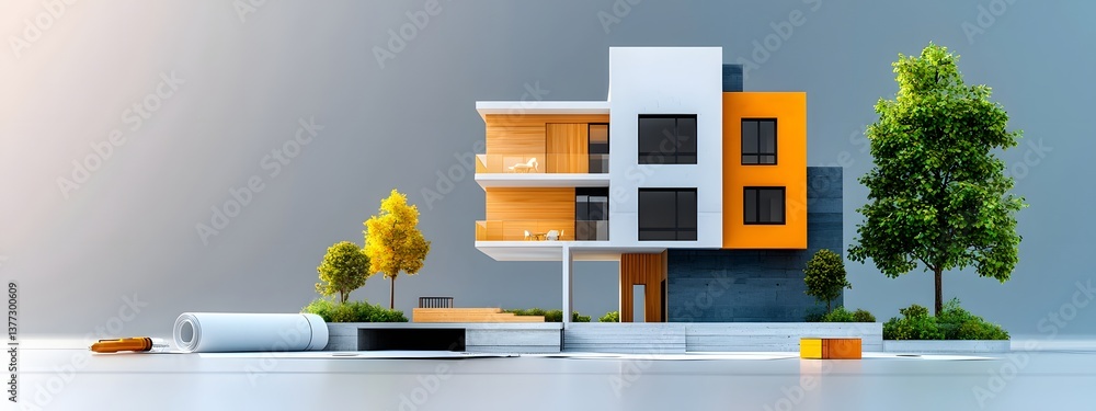 Poster architectural blueprint for a modern high contrast apartment building with clean lines geometric pat