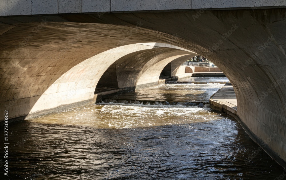 Poster water flowing under a series of concrete arches on a bridge. sunlight reflects on the water's surfac