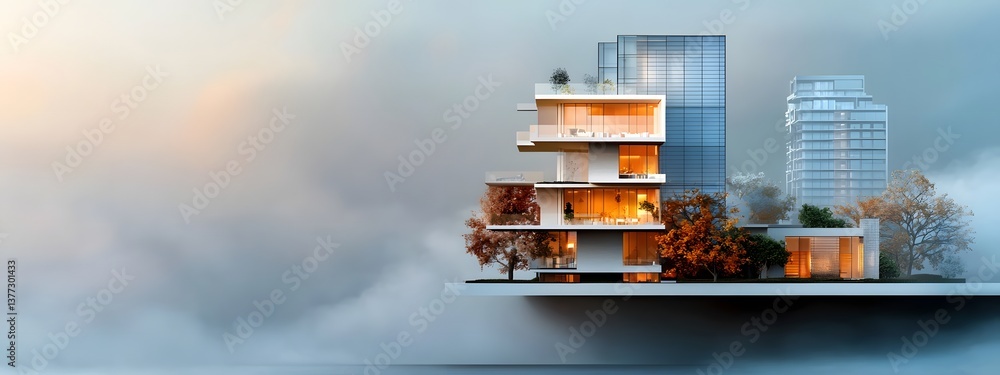 Poster architectural rendering of a contemporary highrise apartment building with a unique glass facade int