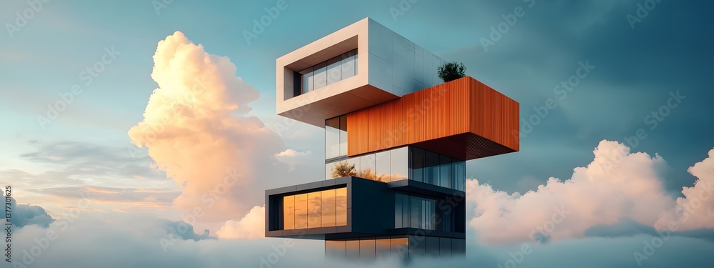 Poster architectural rendering of a modern futuristic apartment building with a striking geometric facade c