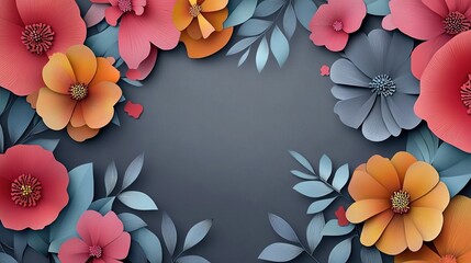 Vibrant paper-cut floral flat lay on grey background with copy space, 3D rendered high-definition paper art design for text placement and creative projects.