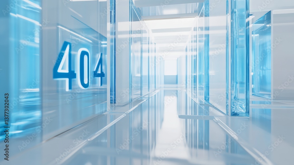Poster futuristic blue glass hallway with 404 error display in modern architecture design