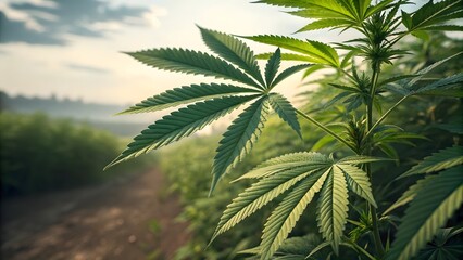 Green Cannabis Plants Thriving in a Lush Field During Late Afternoon Sunlight Near a Rural Landscape