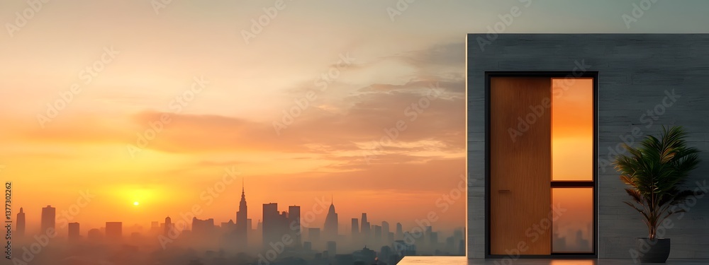 Poster architectural rendering of a sophisticated geometric high rise building with modular design and clea