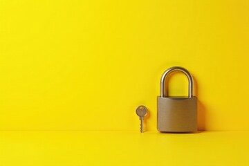 A Secure Padlock and Its Key Resting on a Vibrant Yellow Surface