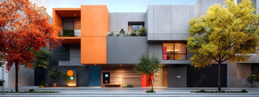 Poster architectural rendering of a technologically sophisticated apartment building with a modular angular