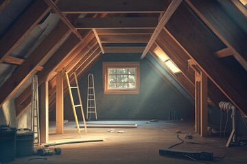 Unfinished attic room under renovation.  Sunlight streams through a window.  Tools and materials scattered