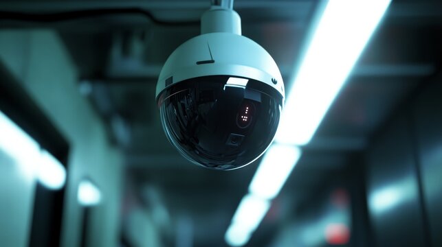 Surveillance camera in modern indoor setting with soft blue lighting