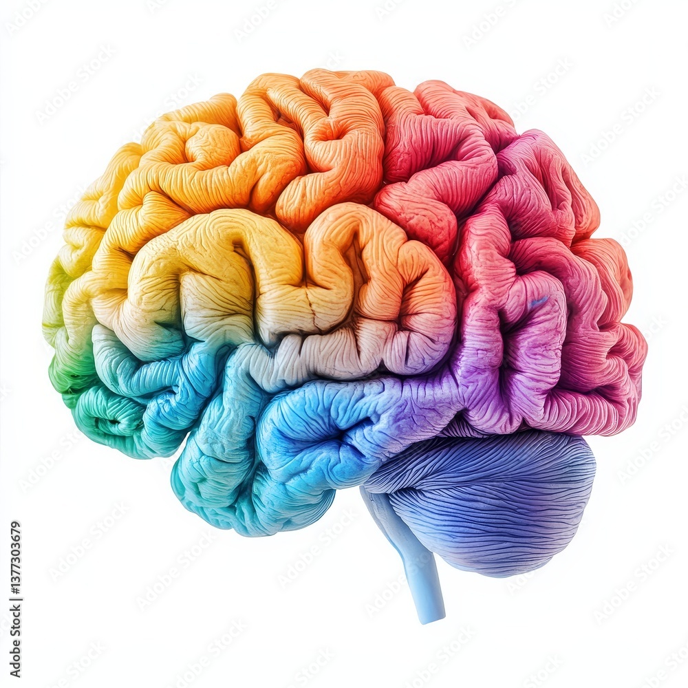 Poster colorful brain model displaying neural anatomy and creativity concept
