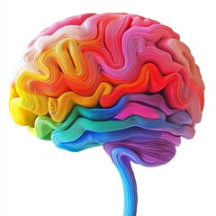 Colorful artistic brain sculpture with multicolor swirls on a white background