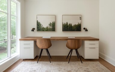 Two wooden chairs and a long wooden desk sit in a bright home office, with two nature-themed artworks on the wall.  Natural light streams in from a large window