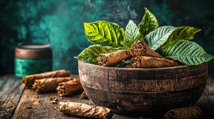 Wooden bowl of cigars with fresh leaves, steaming