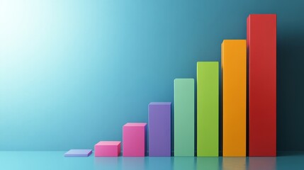 Colorful vertical bar chart against blue background representing growth and progression