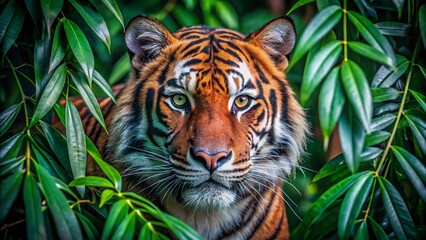 Majestic Tiger Camouflaged in Lush Green Leaves: A Stunning Wildlife Portrait