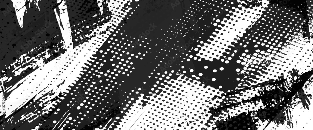 Poster vector modern abstract black splat grunge background with halftone dots pattern texture.