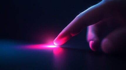 Finger touching futuristic glowing surface in dark environment