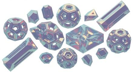 Abstract 3D Render Geometric Shapes Metallic Crystals Futuristic Design Elements
