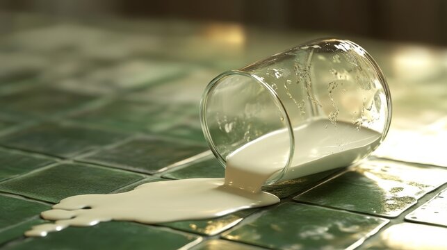 Spilled milk on green tiled surface in soft light environment